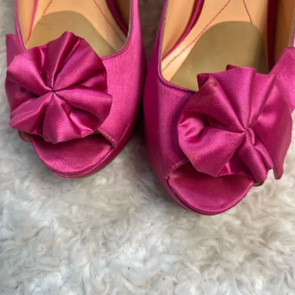 Pour La Victoire Satin Hot pink slip on platform heels peep toe SZ9.5